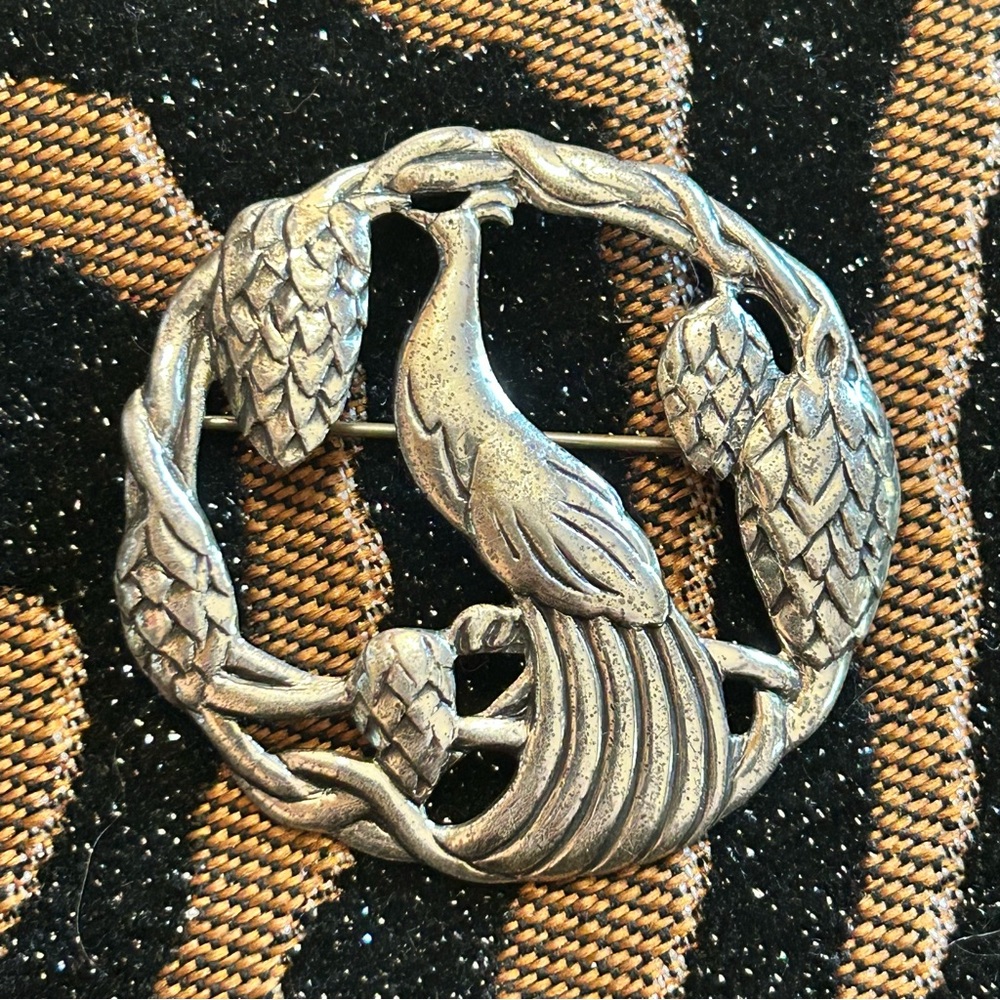 Antique art deco Sterling Danecraft peacock brooch pin